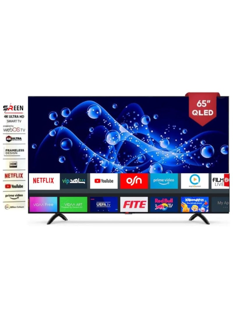 سرين شاشة Sreen بحجم 65 بوصة، تقنية 4K QLED، تلفزيون ذكي، نظام WebOS، منافذ HDMI وUSB، شاشة بدون إطار، اللون الأسود - الموديل SRET-65S4KWQ1 - Image 1